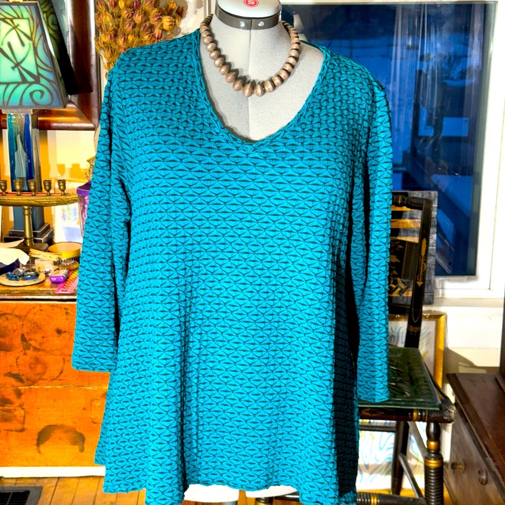 G.u.c. Habitat Size XL Deep Teal and Black Stretchy Tunic Hi/Lo 3/4 Sleeve Comfy